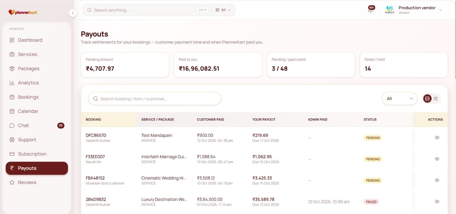 PlannerKart vendor payouts and bank settlements dashboard