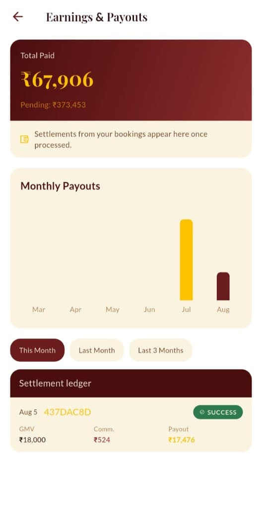 Vendor earnings and payouts mobile screen