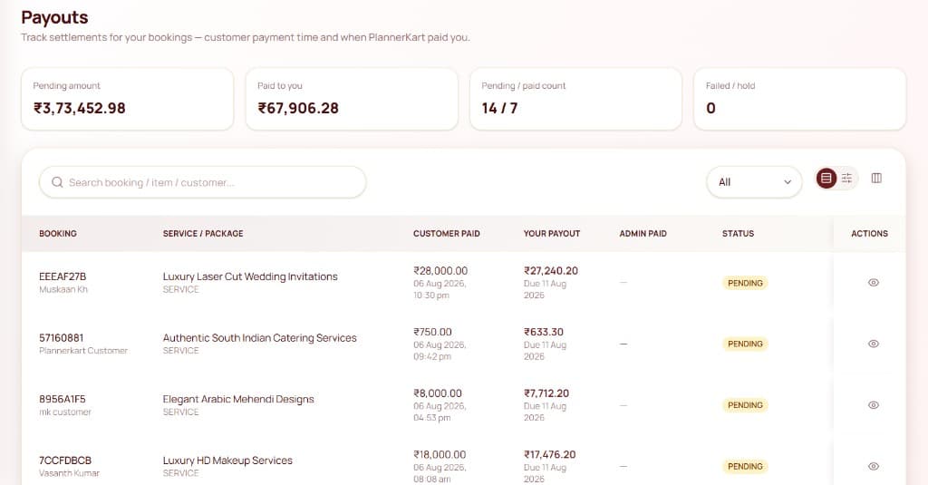 Vendor payouts desktop dashboard