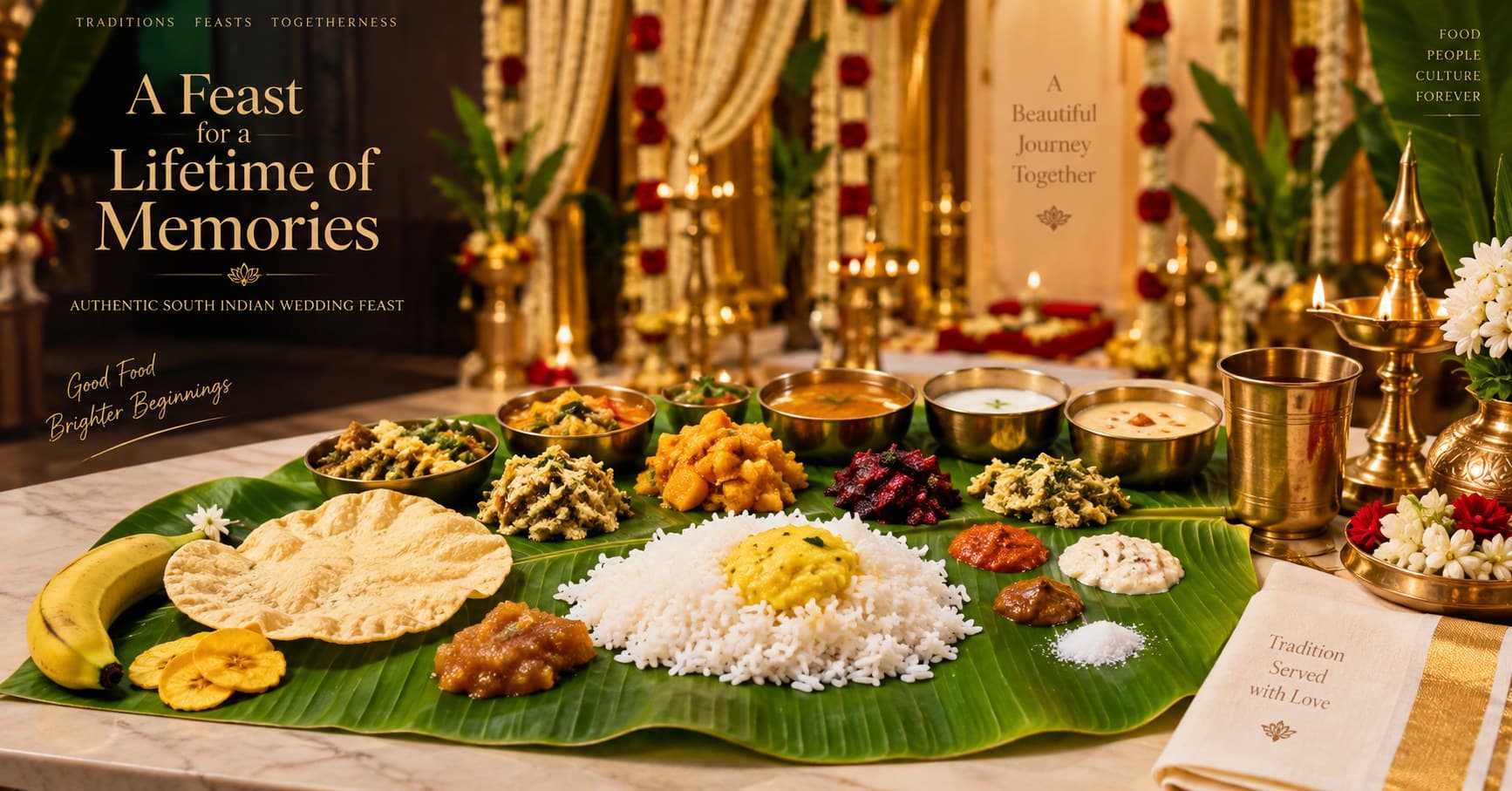 Traditional South Indian wedding feast served on a banana leaf