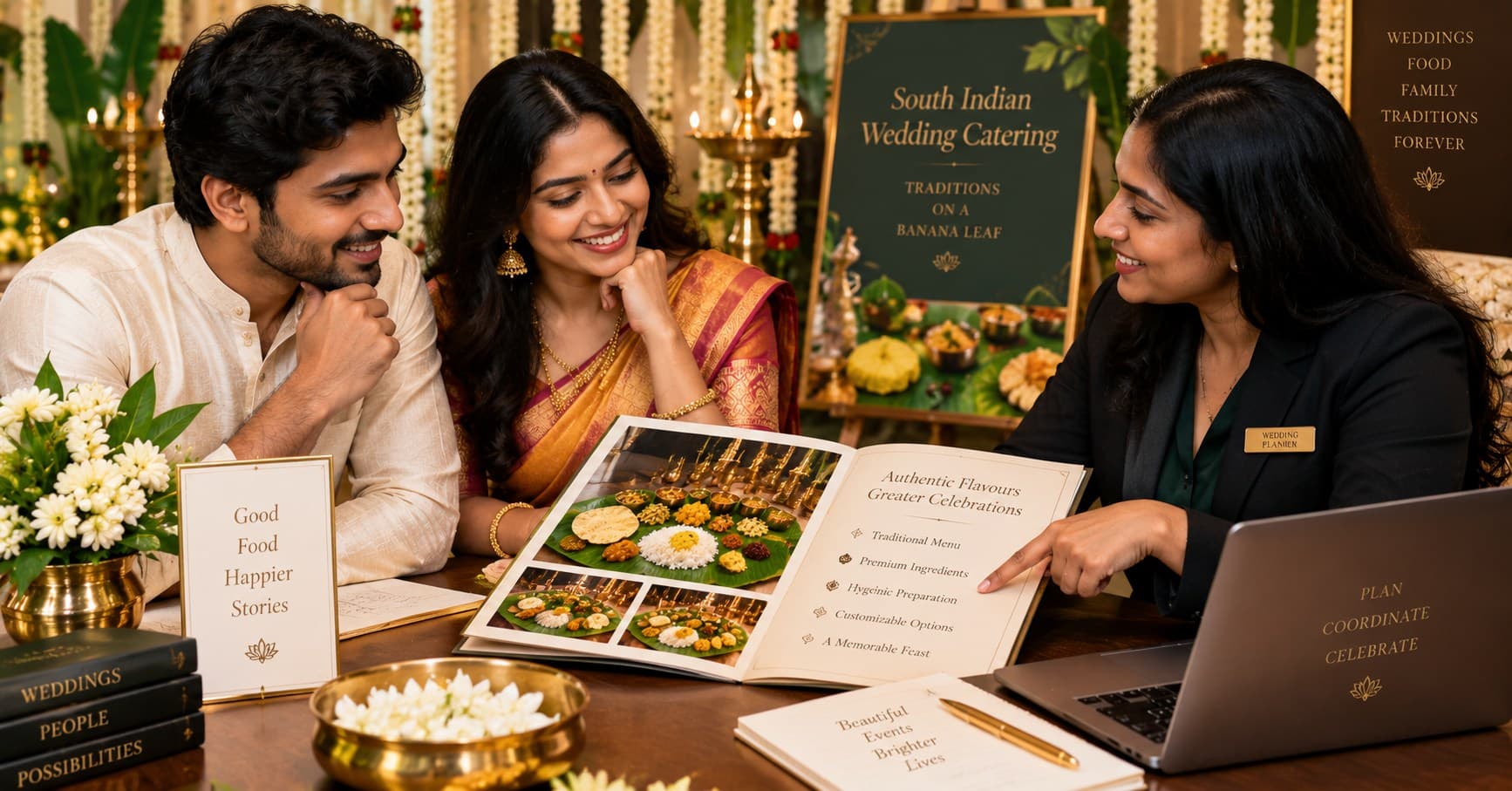 Couple reviewing a South Indian wedding catering menu with a wedding planner