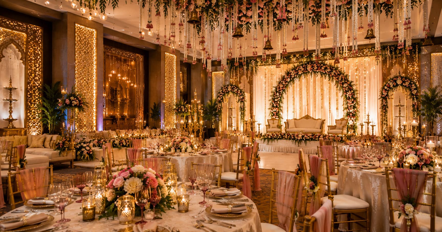 Elegant wedding reception decorated with flowers and warm lighting