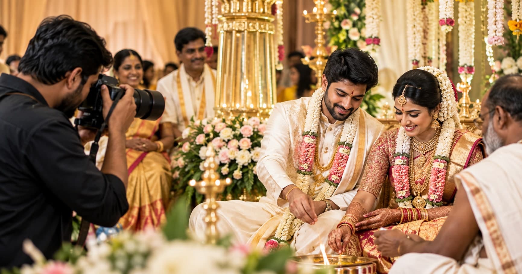 Professional wedding photographer capturing an elegant Indian wedding ceremony