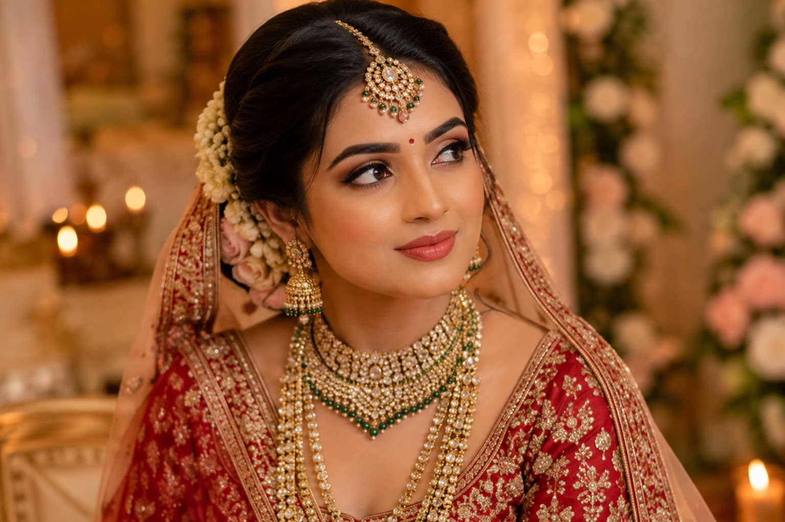 Elegant Indian bride with sophisticated bridal makeup