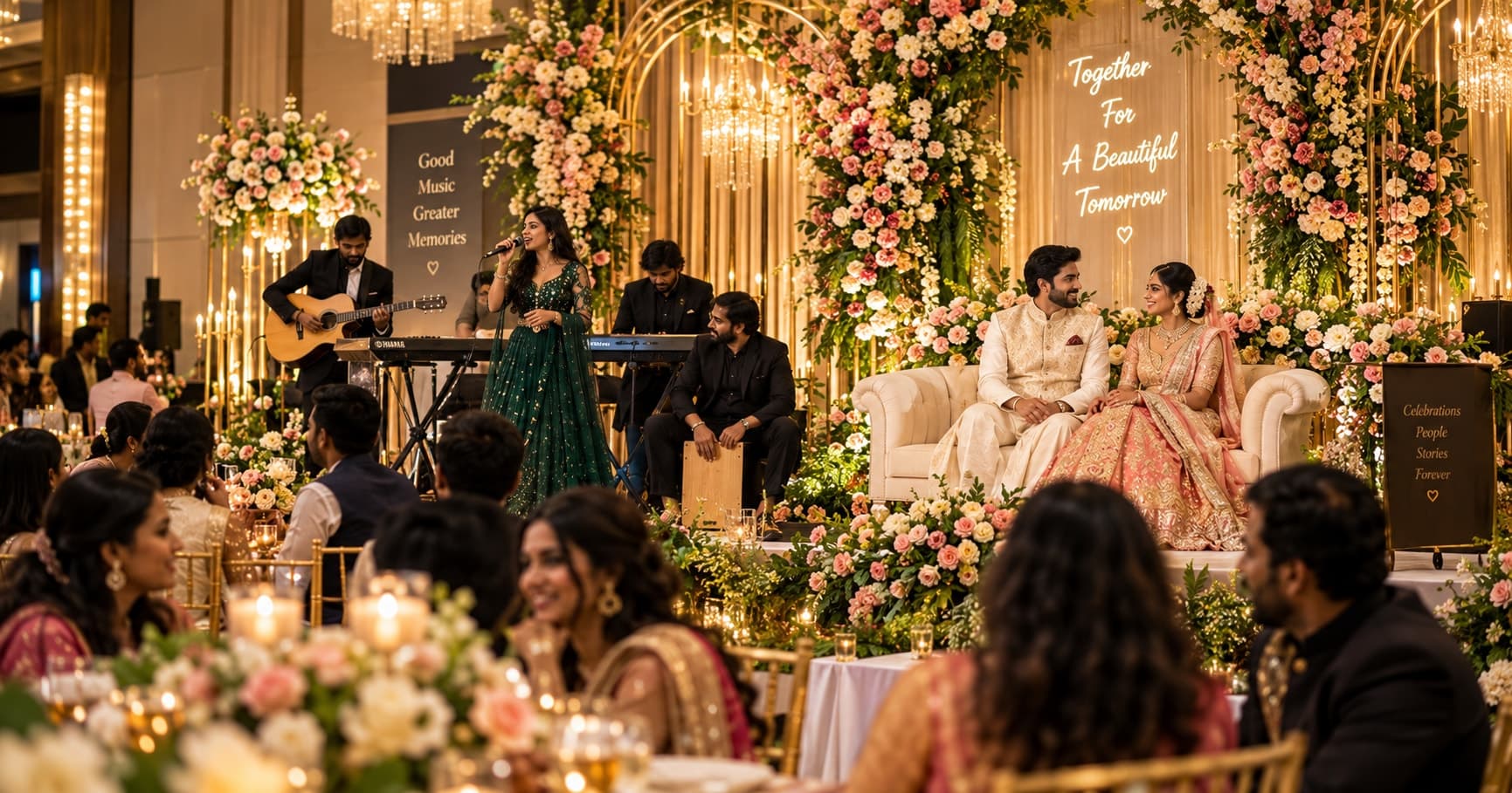 Elegant wedding reception with live entertainment and guests enjoying the celebration Placement