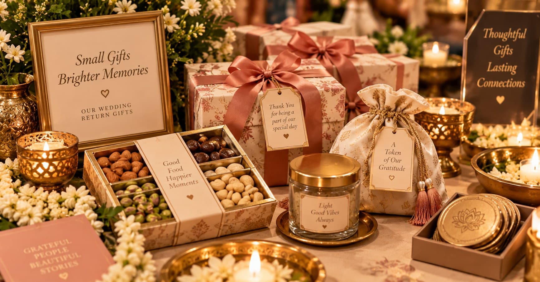 Elegant wedding return gift boxes arranged for wedding guests