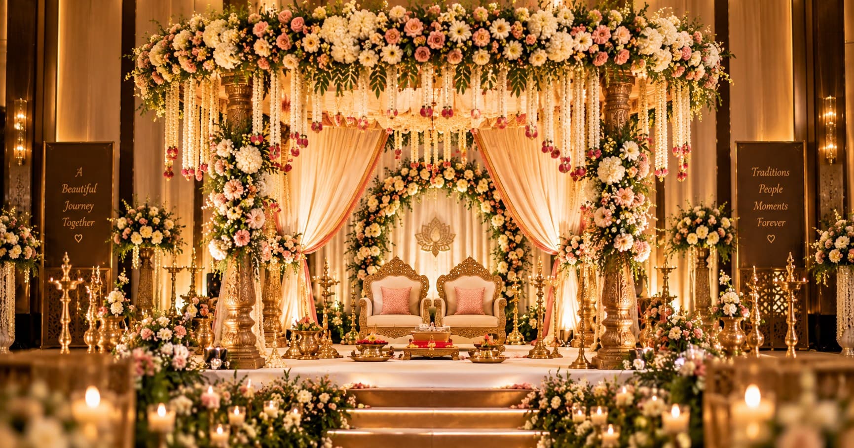 Luxury Indian wedding stage decorated with elegant floral arrangements