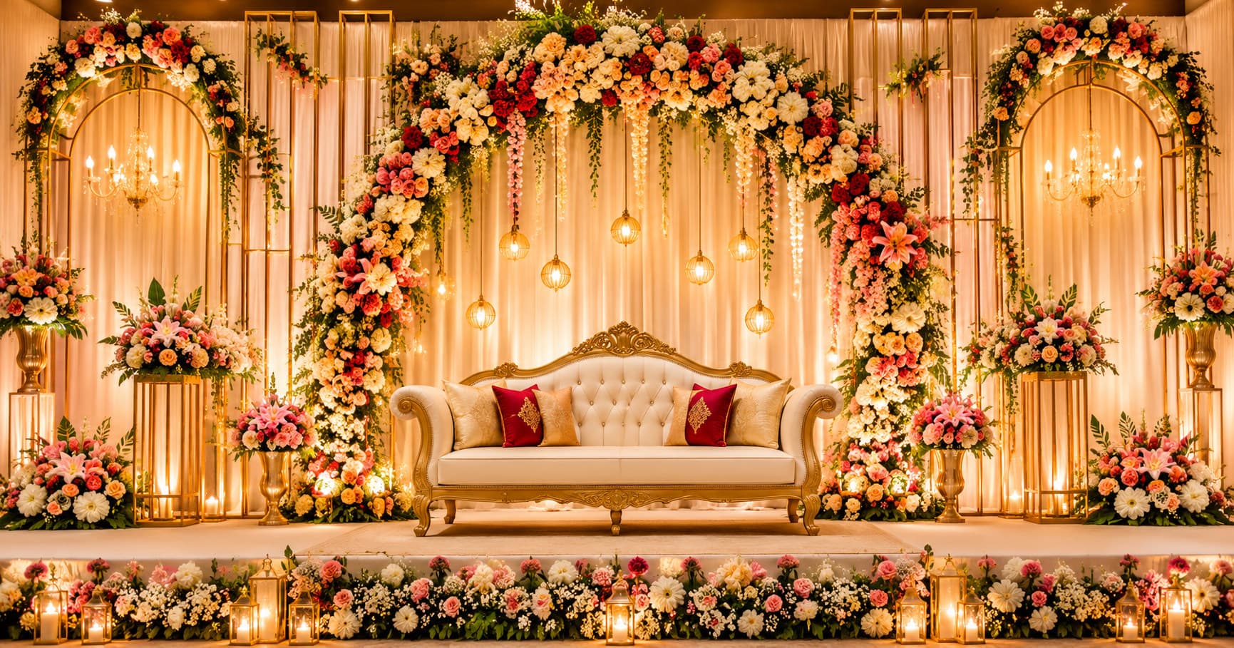 Luxury Indian wedding stage with elegant floral decoration and warm lighting