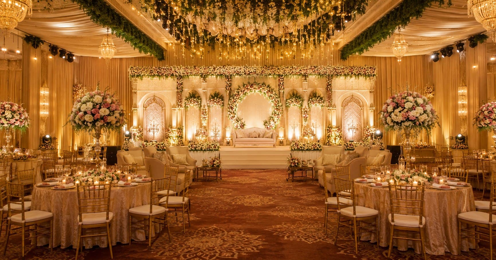 Elegant Indian wedding reception venue with floral decoration and warm lighting
