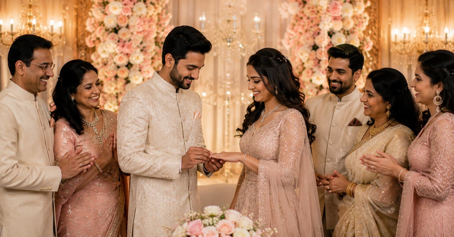 Couple exchanging engagement rings during an elegant engagement ceremony