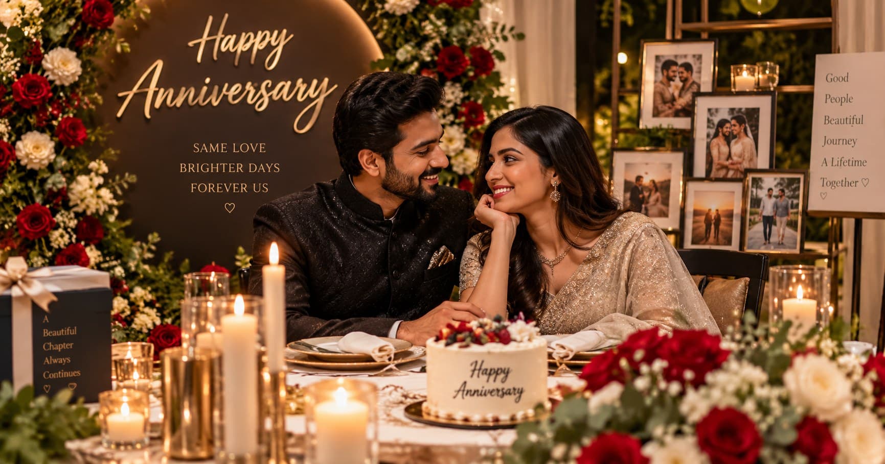 Elegant couple celebrating their anniversary with romantic decorations and dinner