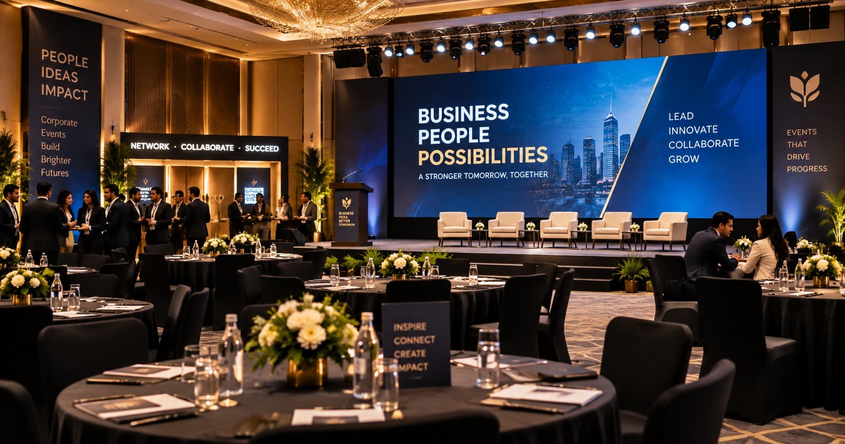 Professional corporate event venue with elegant stage and seating arrangement