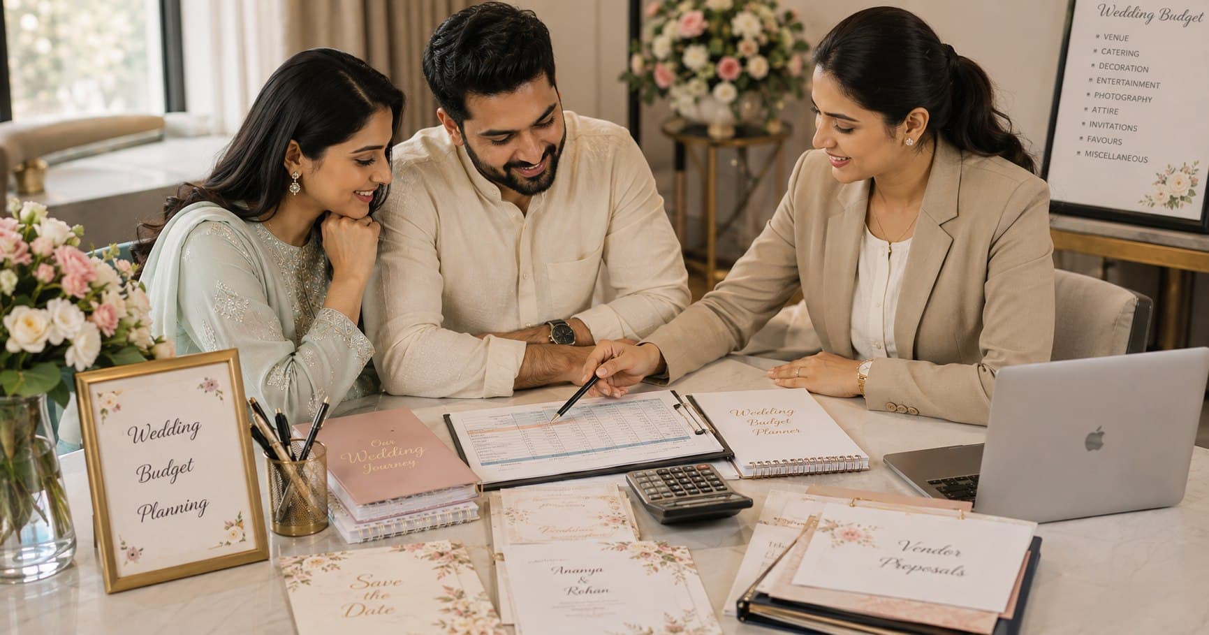 Indian couple planning their wedding budget with a wedding planner