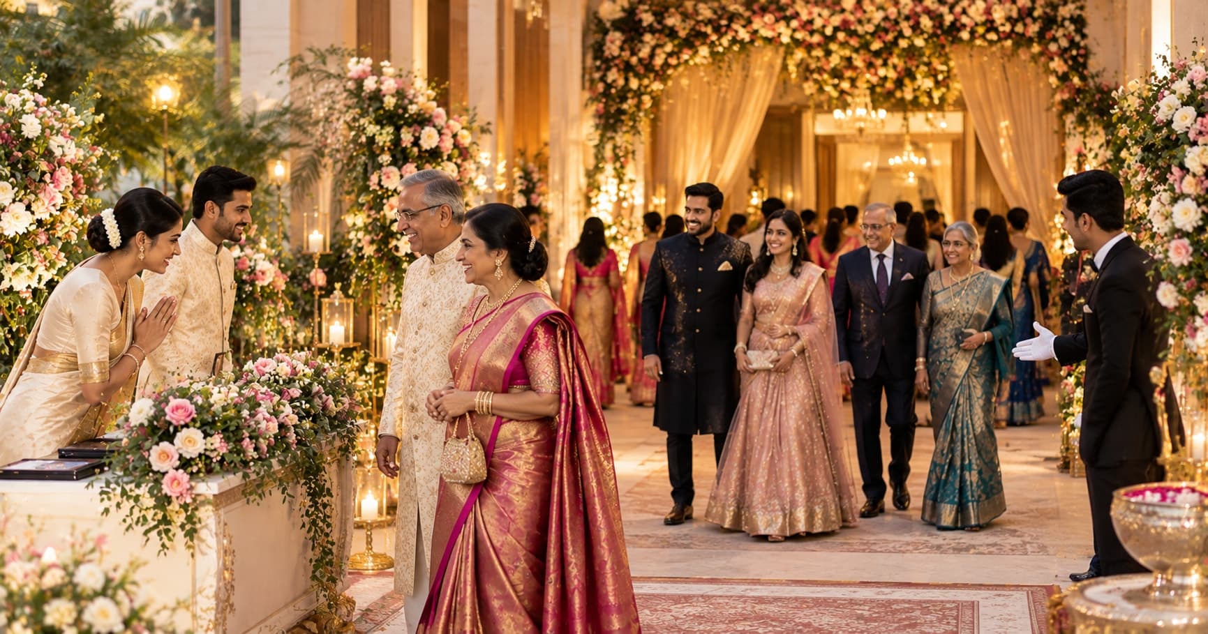 Guests being warmly welcomed at an elegant Indian wedding