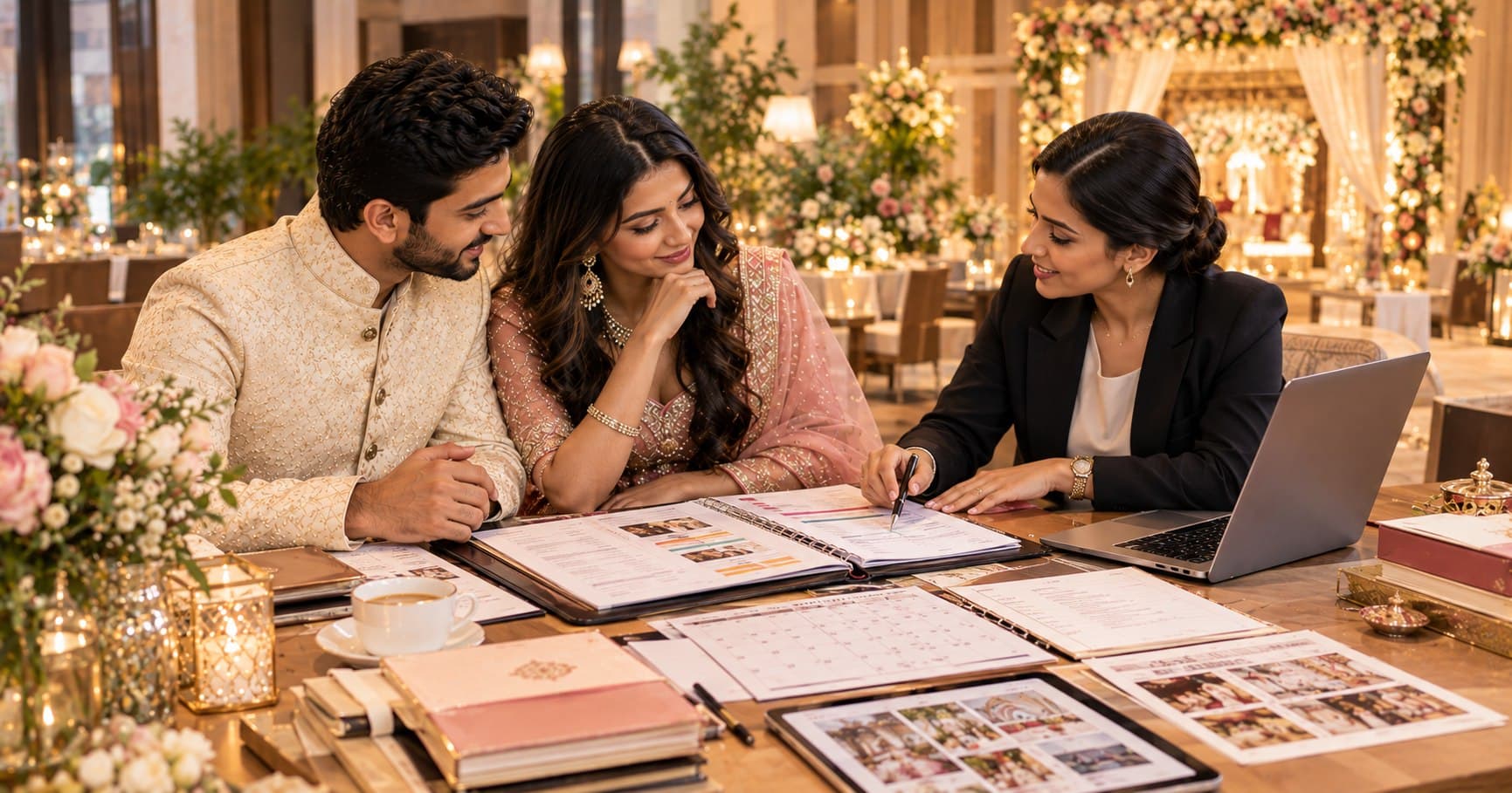 Indian couple reviewing a detailed wedding day schedule