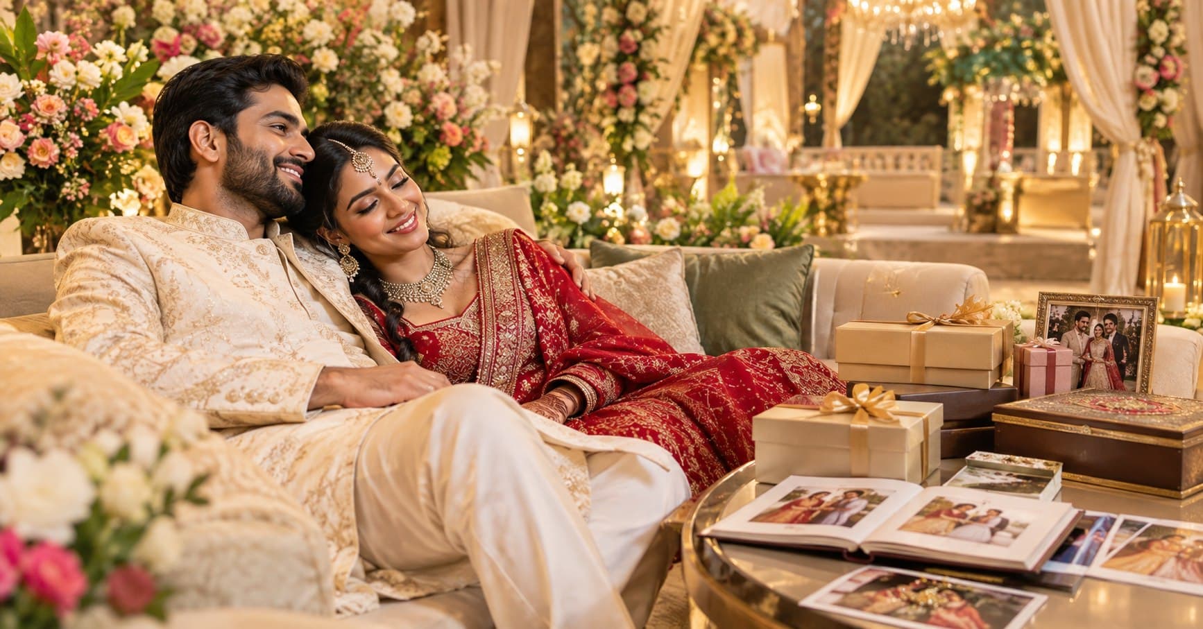 Newlywed Indian couple organizing their post-wedding tasks