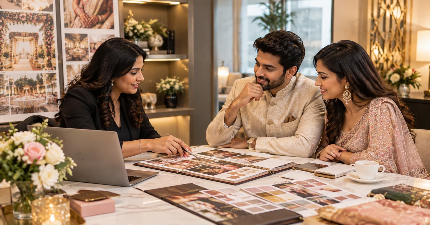 Indian couple meeting a professional wedding planner